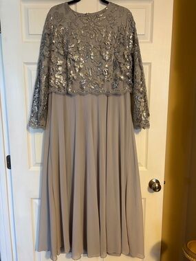 Dainty Jewells Silver Gray Embellished Long Sleeve Evening Dress